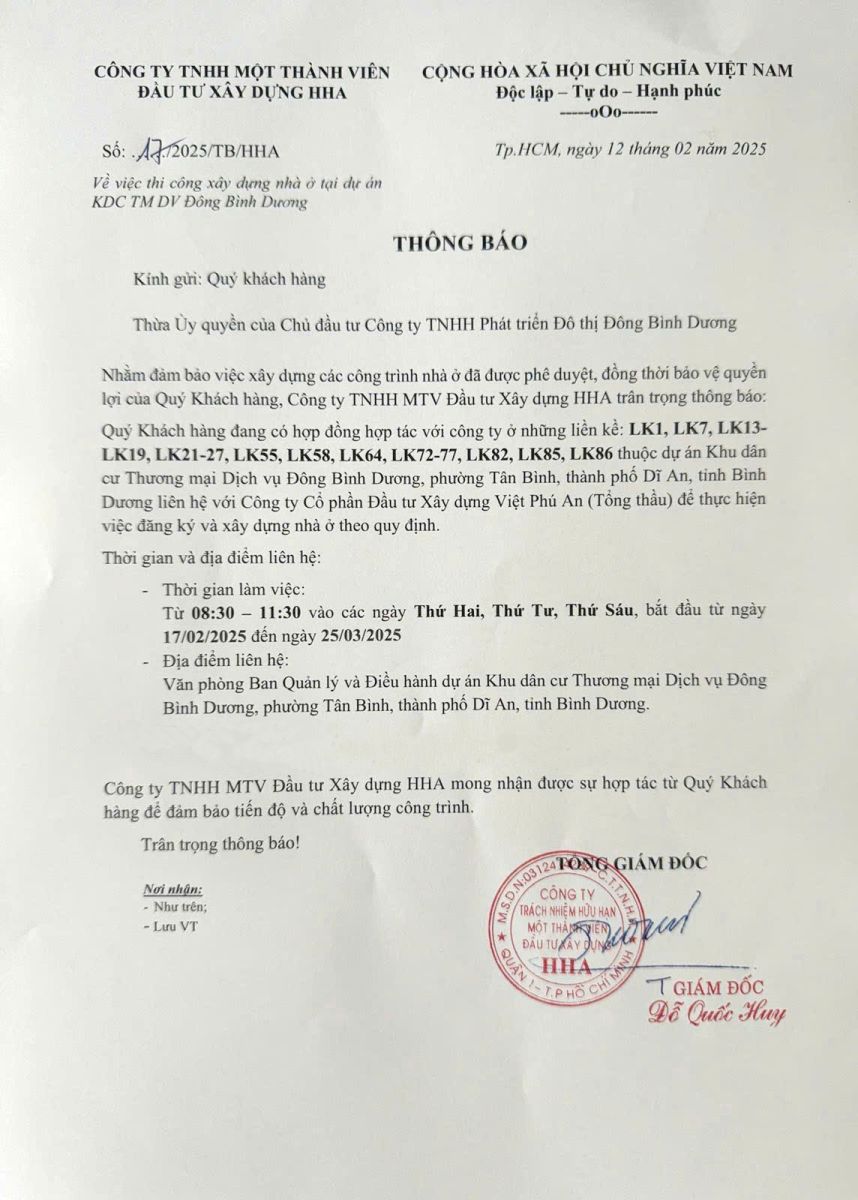 Thông báo xây dựng một số liền kề trong dự án